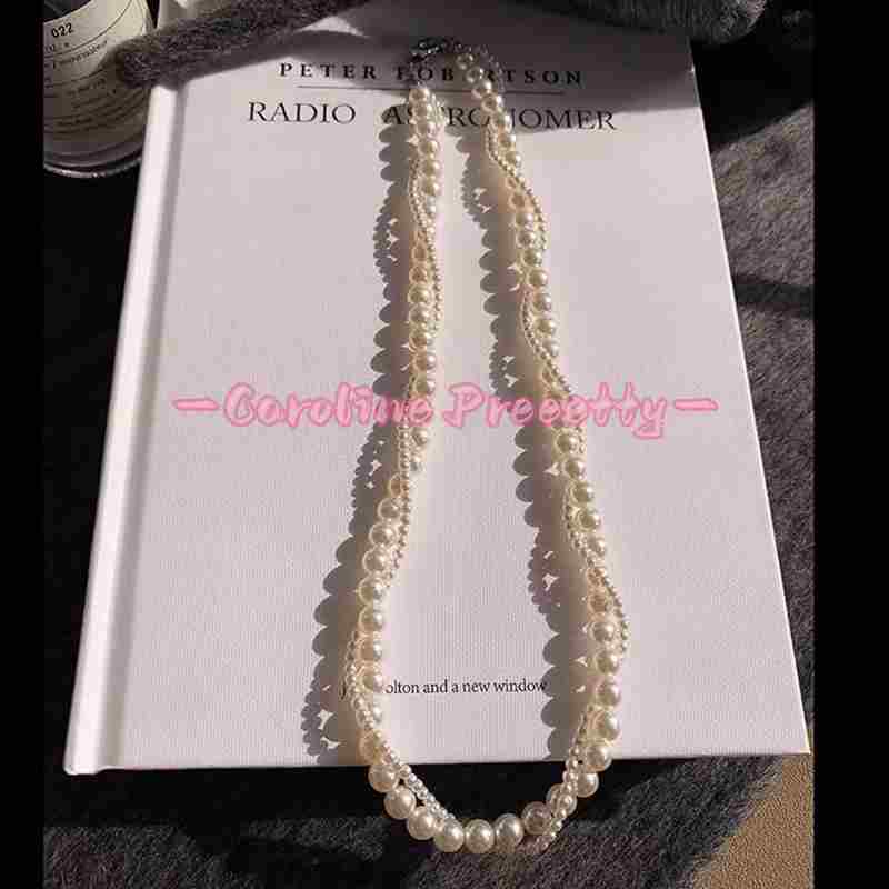 Double-layer stacked Shijia pearl rice bead necklace for women, 925 silver stud earrings, versatile and high-end beaded high-end collarbone chain