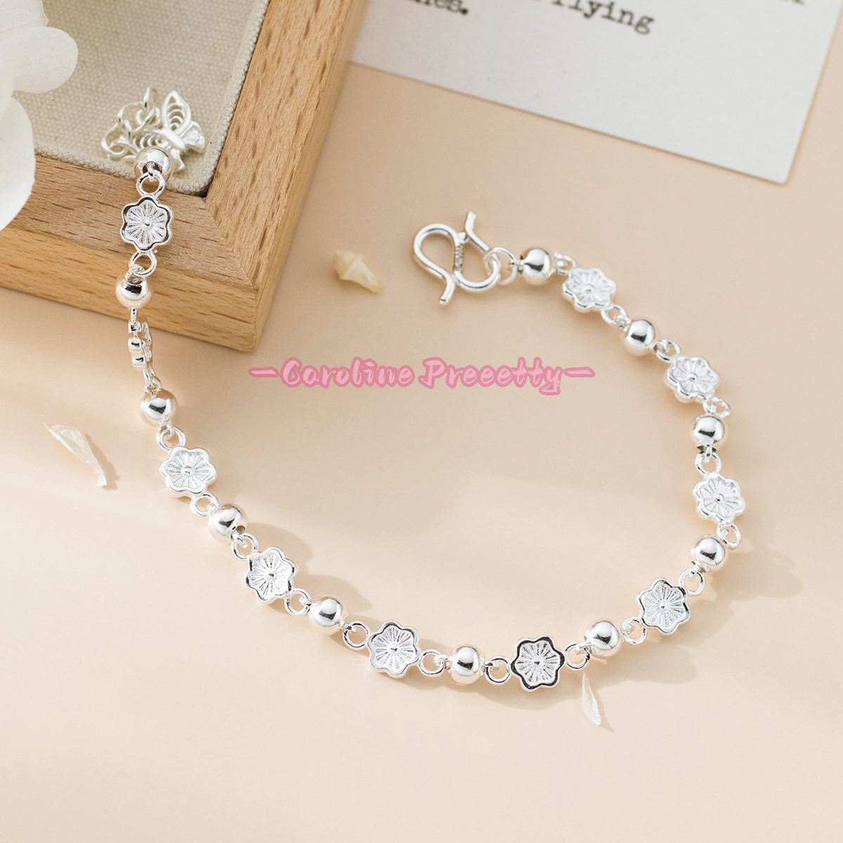 Pure silver 990 sweet enamel peach blossom butterfly bracelet