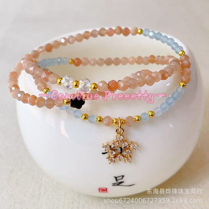 14k gold-plated natural color moonlight orange sunstone aquamarine cut three-circle bracelet
