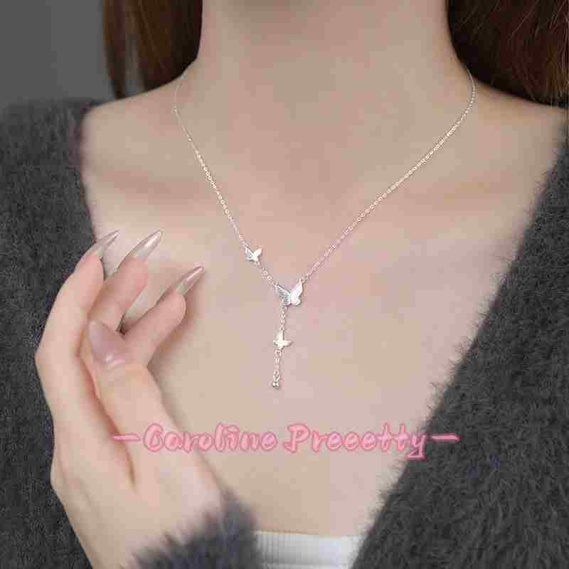 S999 pure silver exquisite butterfly round bead tassel necklace