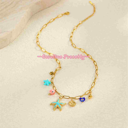 Summer ocean-style dopamine oil starfish stainless steel necklaces