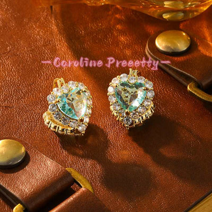Zircon double-sided sea blue heart-shaped ear buckles