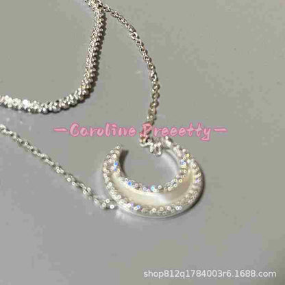 A bright Moon French light luxury deep-sea natural white mother-of-pearl 925 silver Moon necklace