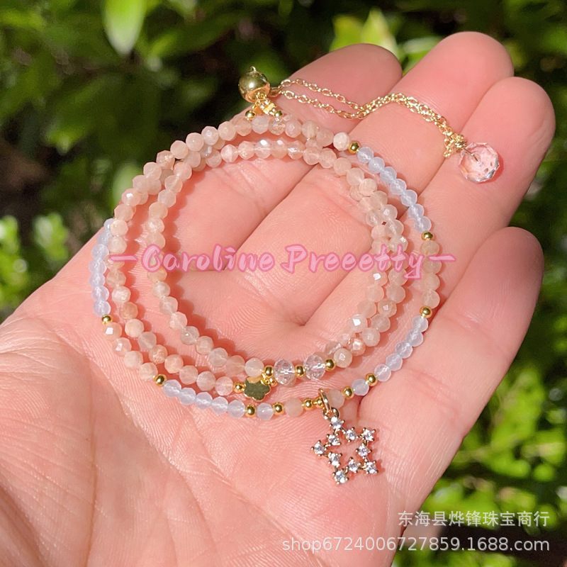 14k gold-plated natural color moonlight orange sunstone aquamarine cut three-circle bracelet