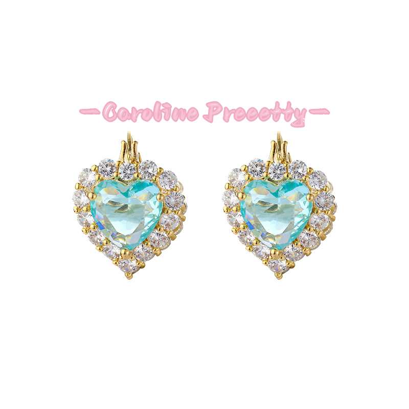Zircon double-sided sea blue heart-shaped ear buckles