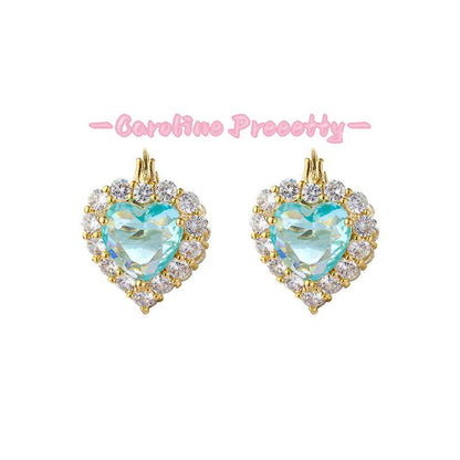 Zircon double-sided sea blue heart-shaped ear buckles