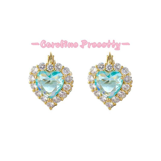 Zircon double-sided sea blue heart-shaped ear buckles