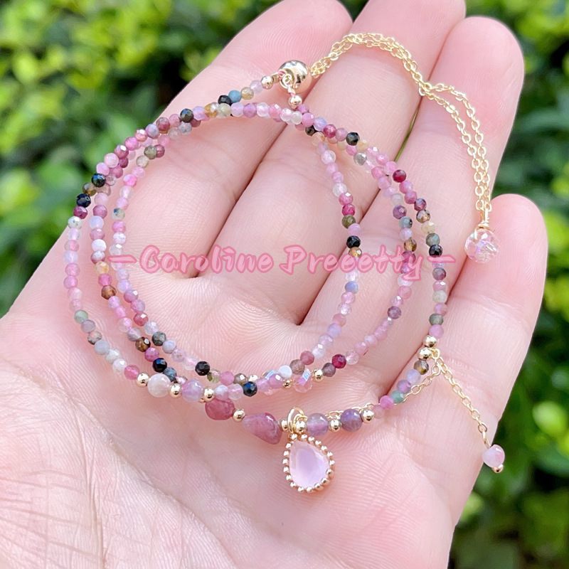 Pink crystal rainbow tourmaline necklace bracelet, two-in-one heart-shaped pendant necklace, three-loop beaded bracelet