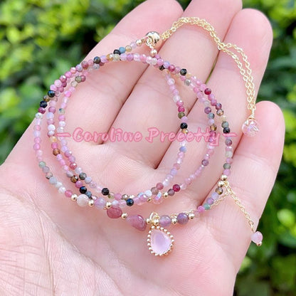 Pink crystal rainbow tourmaline necklace bracelet, two-in-one heart-shaped pendant necklace, three-loop beaded bracelet