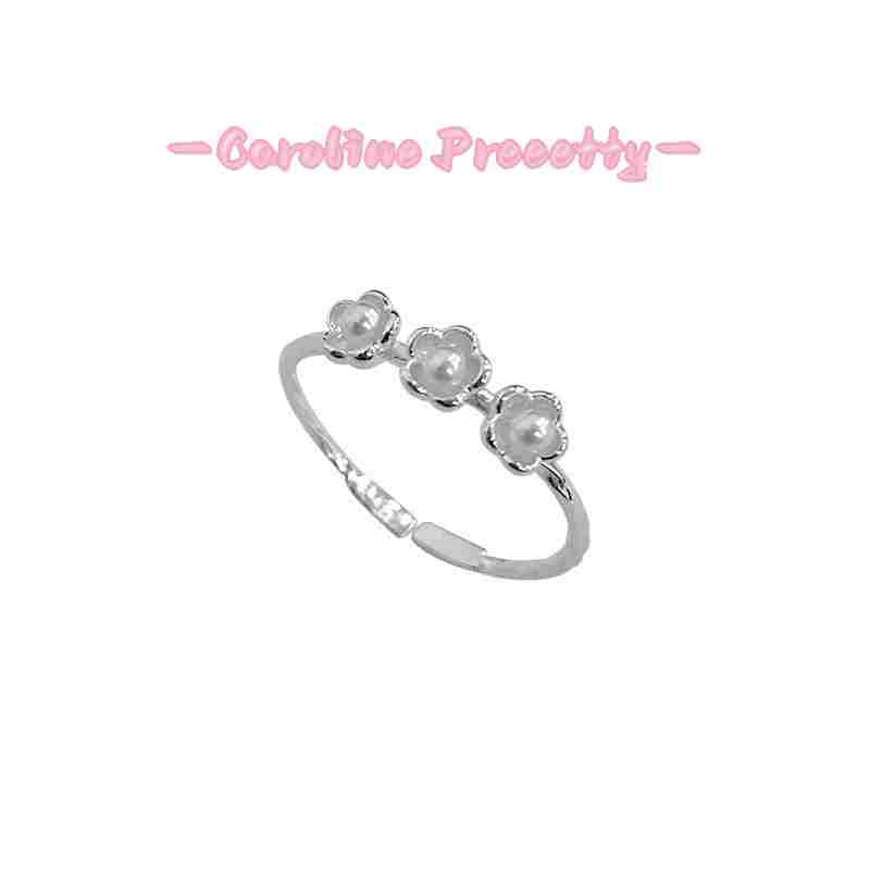 S925 pure silver pure and lovely three-pearl flower ring