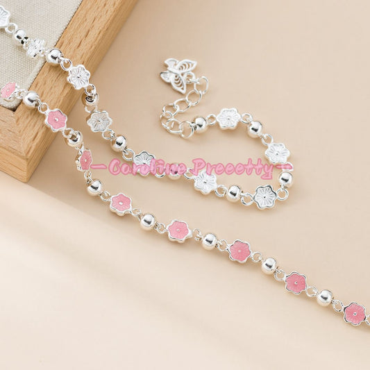 Pure silver 990 sweet enamel peach blossom butterfly bracelet