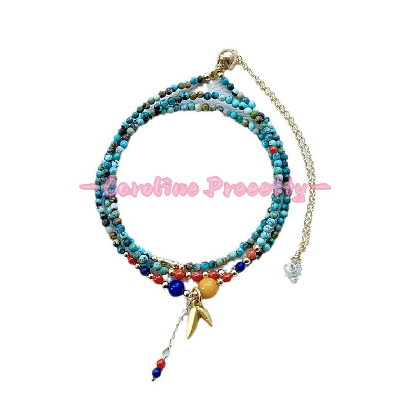 Natural turquoise 2mm fine round bead chain，ethnic style millet bead three-circle multi-layer bracelet with adjustable length