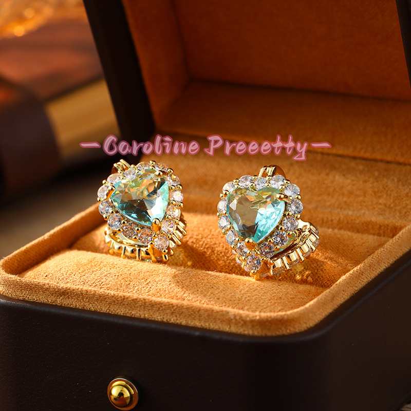 Zircon double-sided sea blue heart-shaped ear buckles