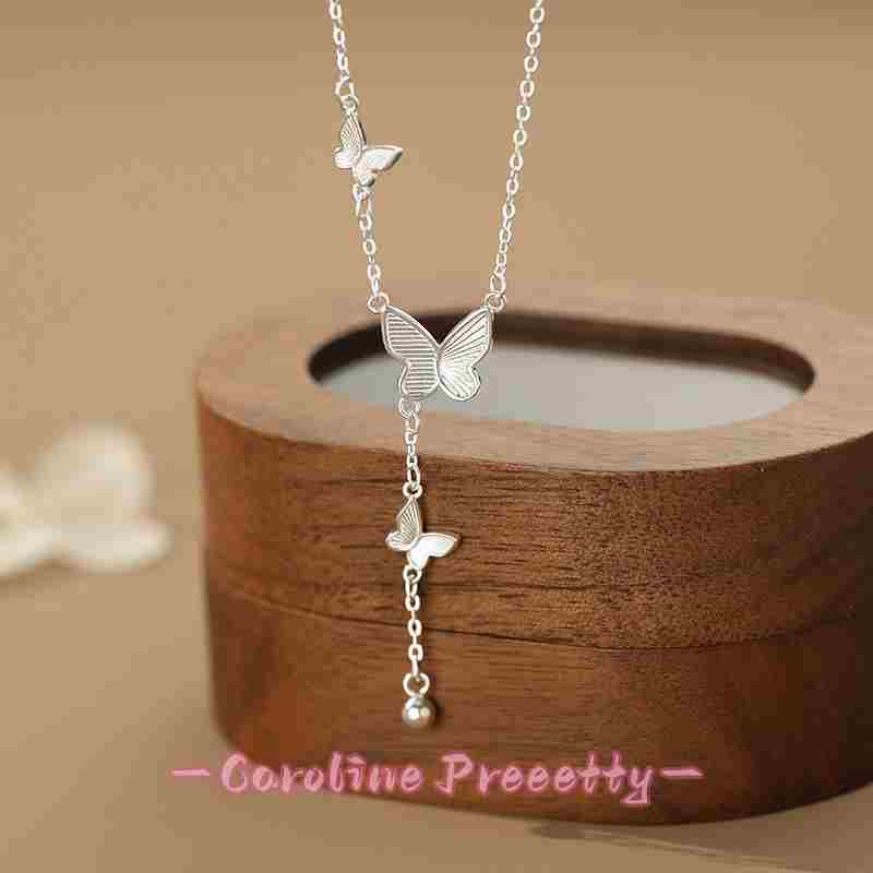 S999 pure silver exquisite butterfly round bead tassel necklace