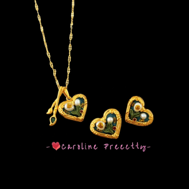 Oil painting style heart-shaped stud necklace set