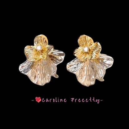 Metal pleated flower stud earrings for women