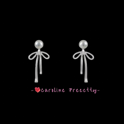 Pearl bow stud earrings, long double-pair tassel design earrings,