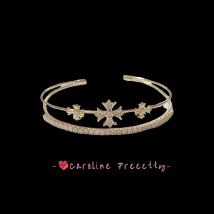 Full diamond cross double-layer open bracelet