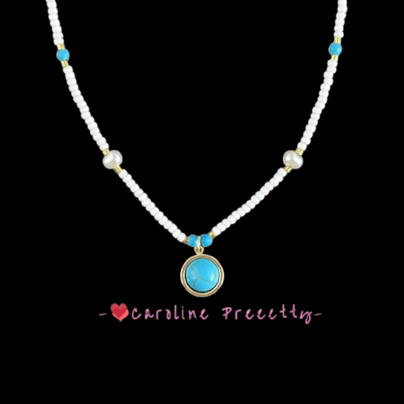 New Chinese-style fresh white rice bead natural turquoise necklace, light luxury retro ethnic style, niche design sense collarbone chain