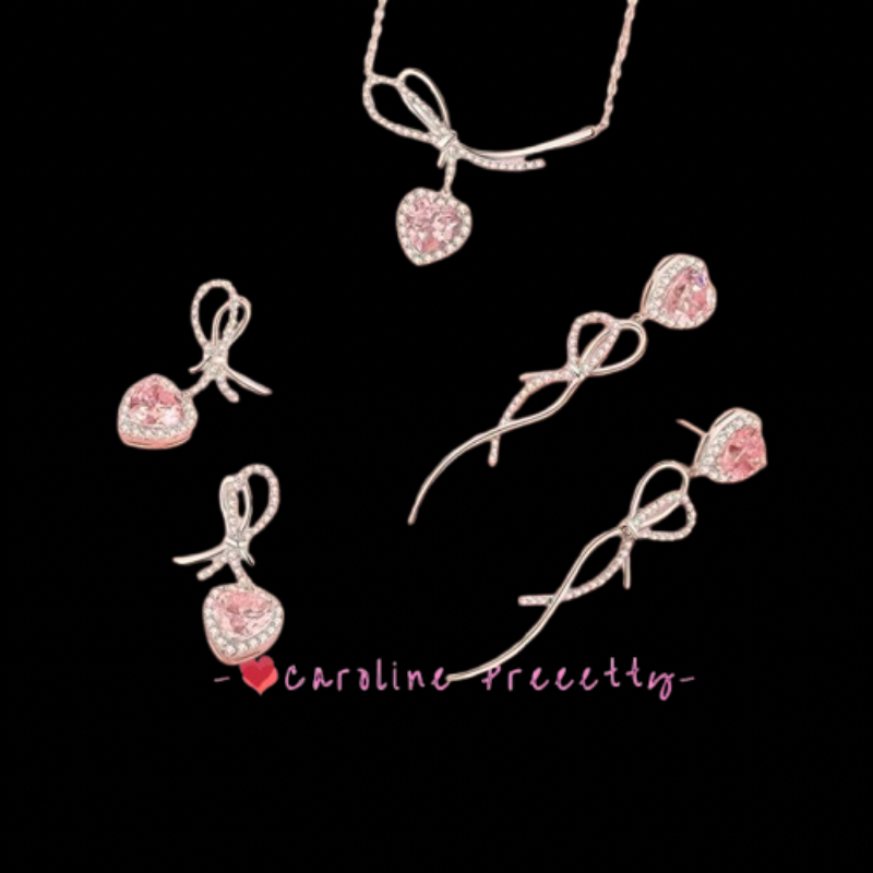 New bow silver heart-shaped pendant earrings & necklace set