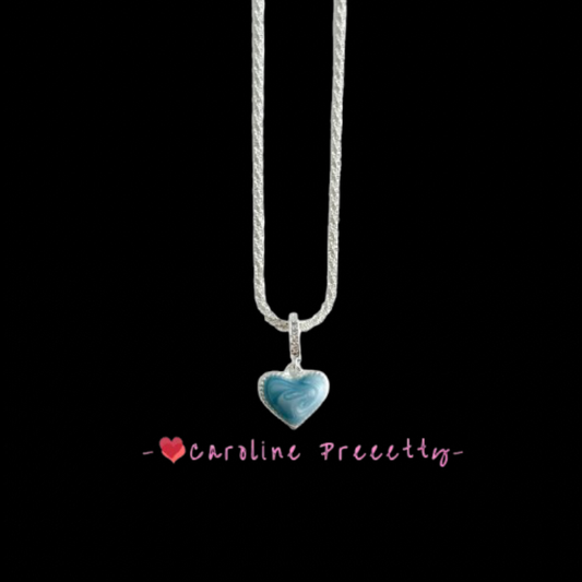 French light blue natural shell drip glaze flowing sand double-sided heart pendant necklace, high-end, exquisite and gentle necklace
