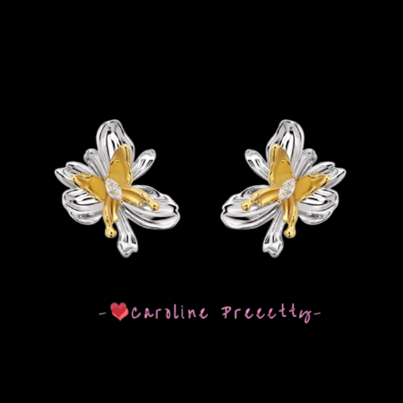 Irregular flower patchwork color-blocking butterfly earrings with a niche design sense, exaggerated and unique stud earrings