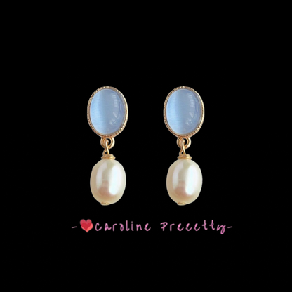 Freshwater pearl French retro glass cat's eye stone handcrafted design, small and simple, commuting 14K plated earrings