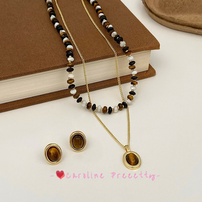 Retro tiger's eye abacus bead pendant necklace, light luxury and niche layered neckchain, simple and versatile sweater chain, collarbone chain