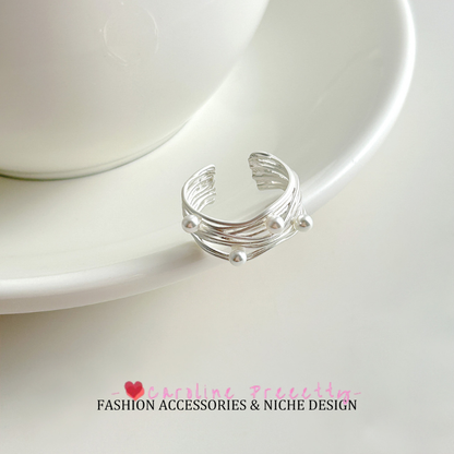 Sweet style irregular multi-layer line wrapped pearl open ring, high-end, elegant, fashionable and versatile ring