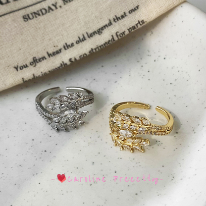 A fashionable and versatile, light luxury, shining zircon leaf adjustable ring, a niche, simple and high-end jewelry for women