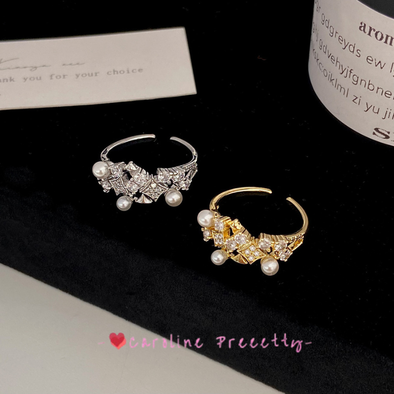 French retro pearl ring with a high-end feel, slightly set zircon, exquisite open index finger ring, niche design, simple jewelry