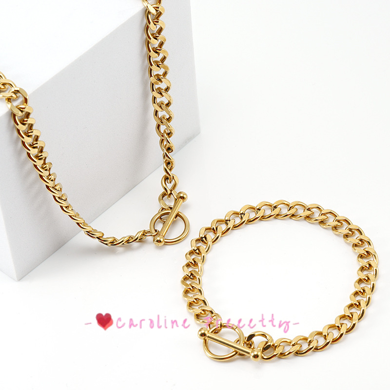 Stainless steel OT buckle Cuban chain bracelet, men's European and American 18K gold titanium steel necklace,