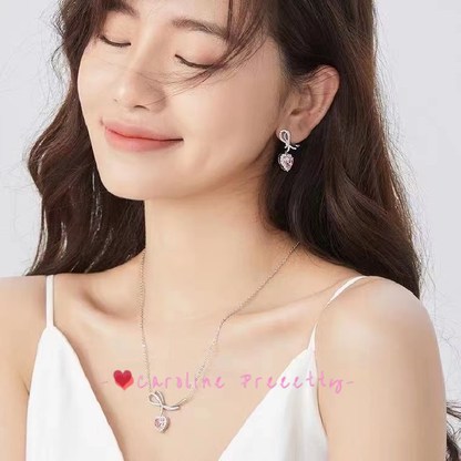 New bow silver heart-shaped pendant earrings & necklace set