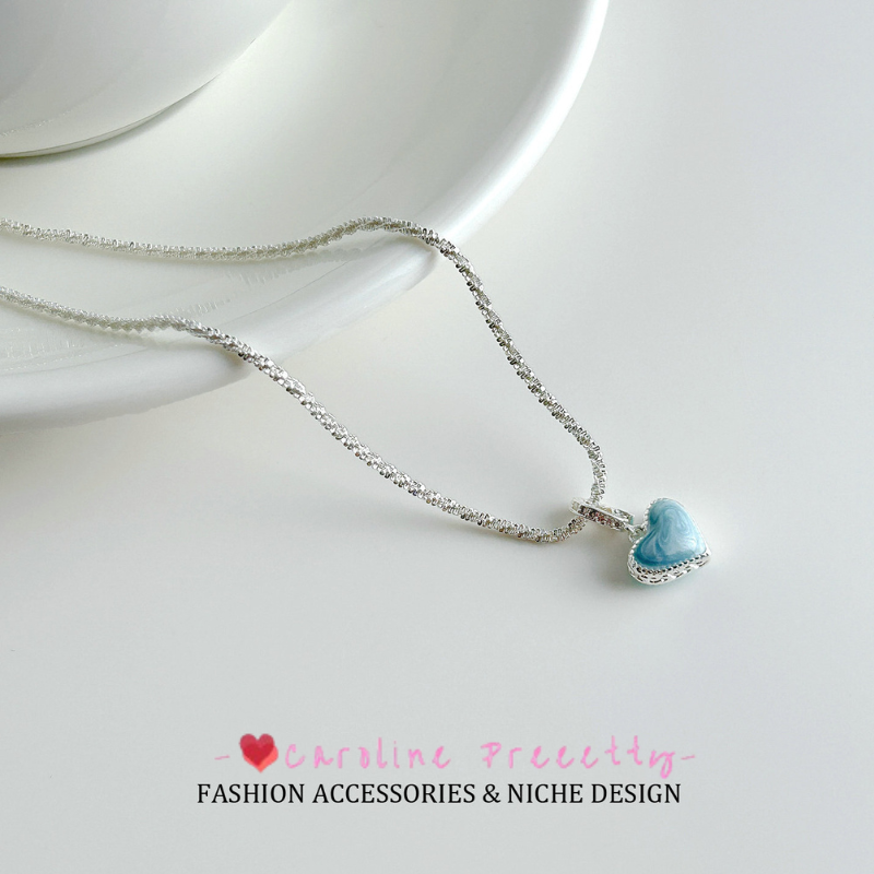 French light blue natural shell drip glaze flowing sand double-sided heart pendant necklace, high-end, exquisite and gentle necklace