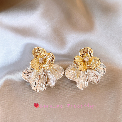 Metal pleated flower stud earrings for women