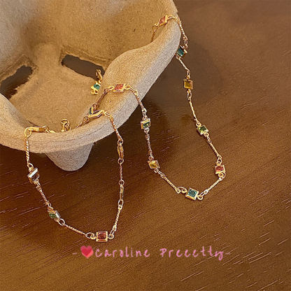 Multi-color gemstone-like metal retro necklace with a feminine charm, a female collarbone chain, and an ins style