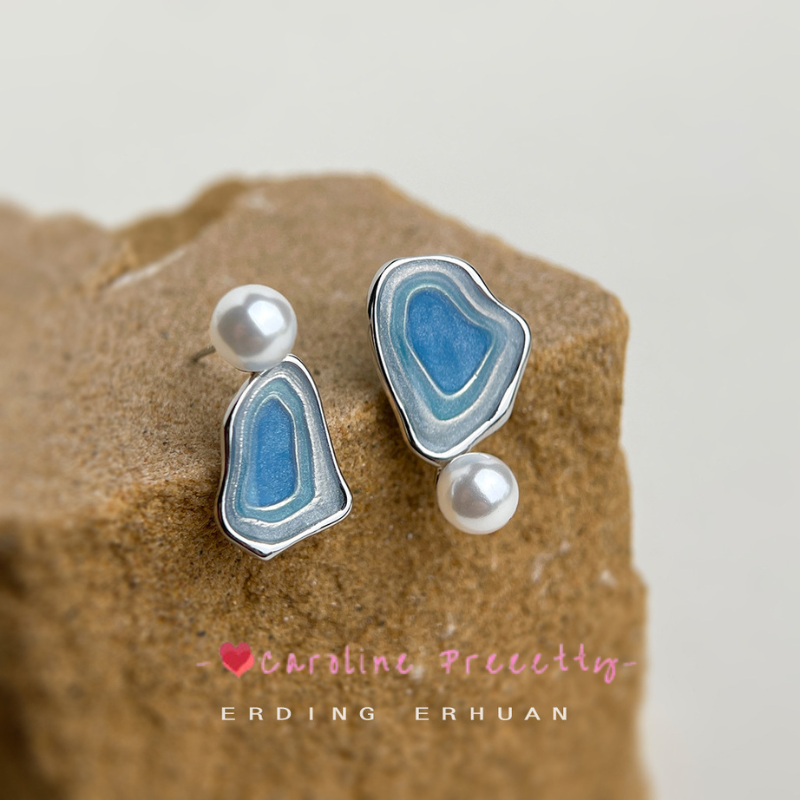 925 Silver Needle Enamel Drop Glaze Asymmetrical Original Earrings