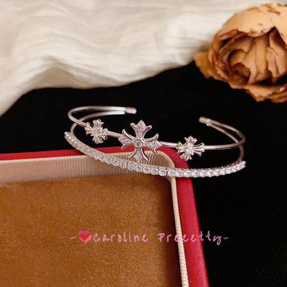 Full diamond cross double-layer open bracelet