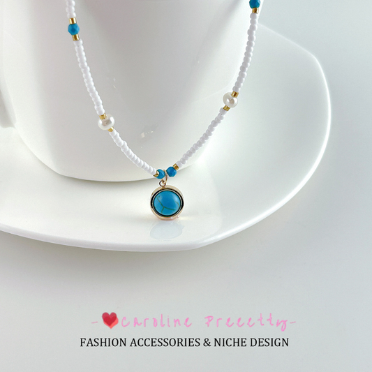 New Chinese-style fresh white rice bead natural turquoise necklace, light luxury retro ethnic style, niche design sense collarbone chain