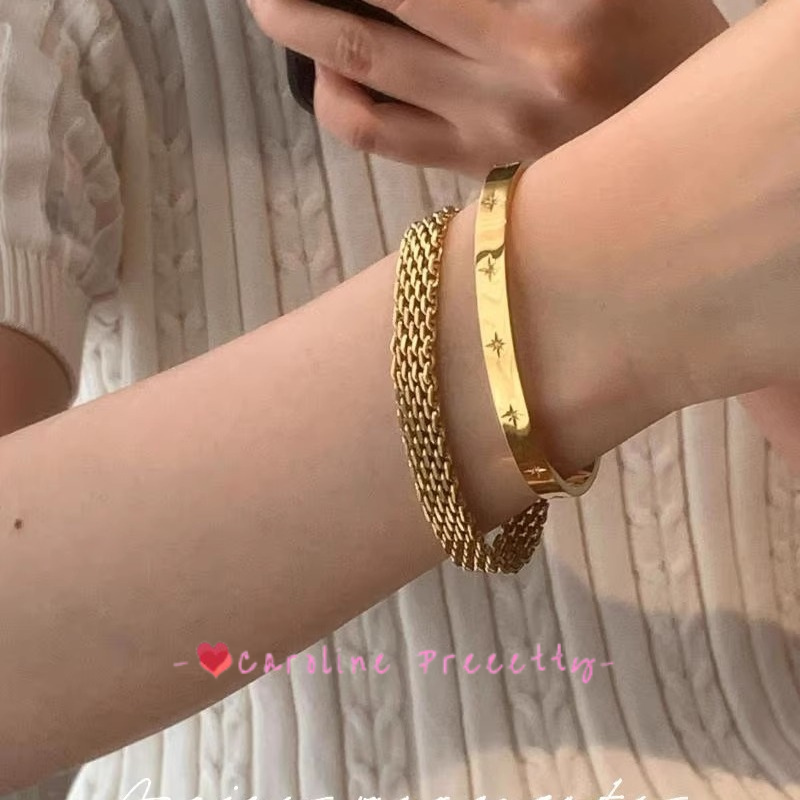 French style zircon shiny open geometric fashionable layered smooth plate unisex couple bracelet