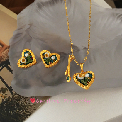 Oil painting style heart-shaped stud necklace set