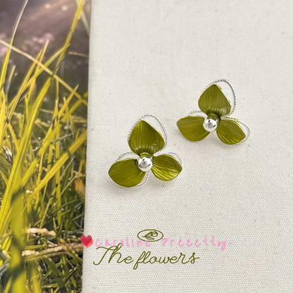 925 silver needle clover green, fresh and sweet, natural flower stud earrings