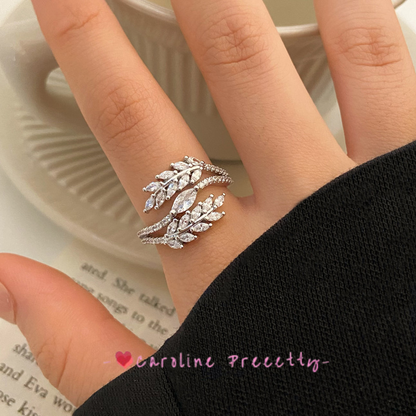 A fashionable and versatile, light luxury, shining zircon leaf adjustable ring, a niche, simple and high-end jewelry for women