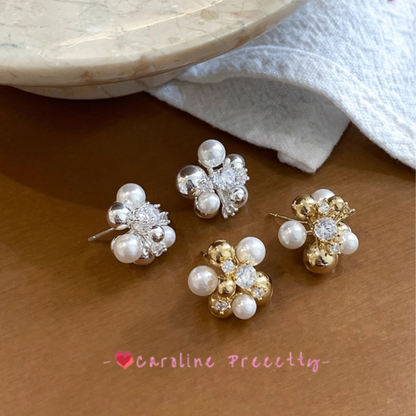 Water diamond Pearl Flower Ball Earrings 2025 New light Luxury gentle and elegant stud earrings