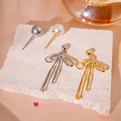 Pearl bow stud earrings, long double-pair tassel design earrings,