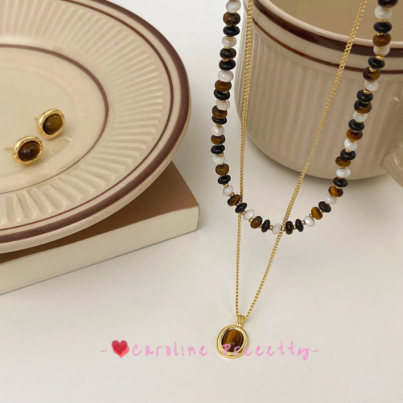 Retro tiger's eye abacus bead pendant necklace, light luxury and niche layered neckchain, simple and versatile sweater chain, collarbone chain
