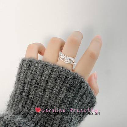 Sweet style irregular multi-layer line wrapped pearl open ring, high-end, elegant, fashionable and versatile ring