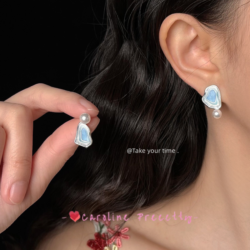 925 Silver Needle Enamel Drop Glaze Asymmetrical Original Earrings