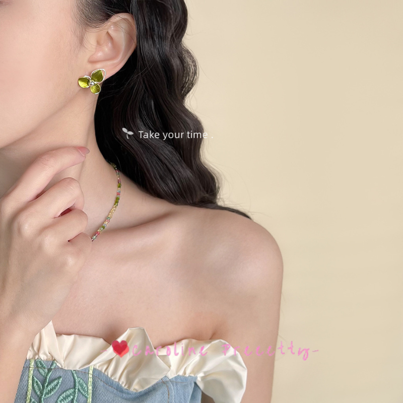 925 silver needle clover green, fresh and sweet, natural flower stud earrings