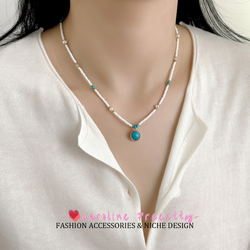 New Chinese-style fresh white rice bead natural turquoise necklace, light luxury retro ethnic style, niche design sense collarbone chain
